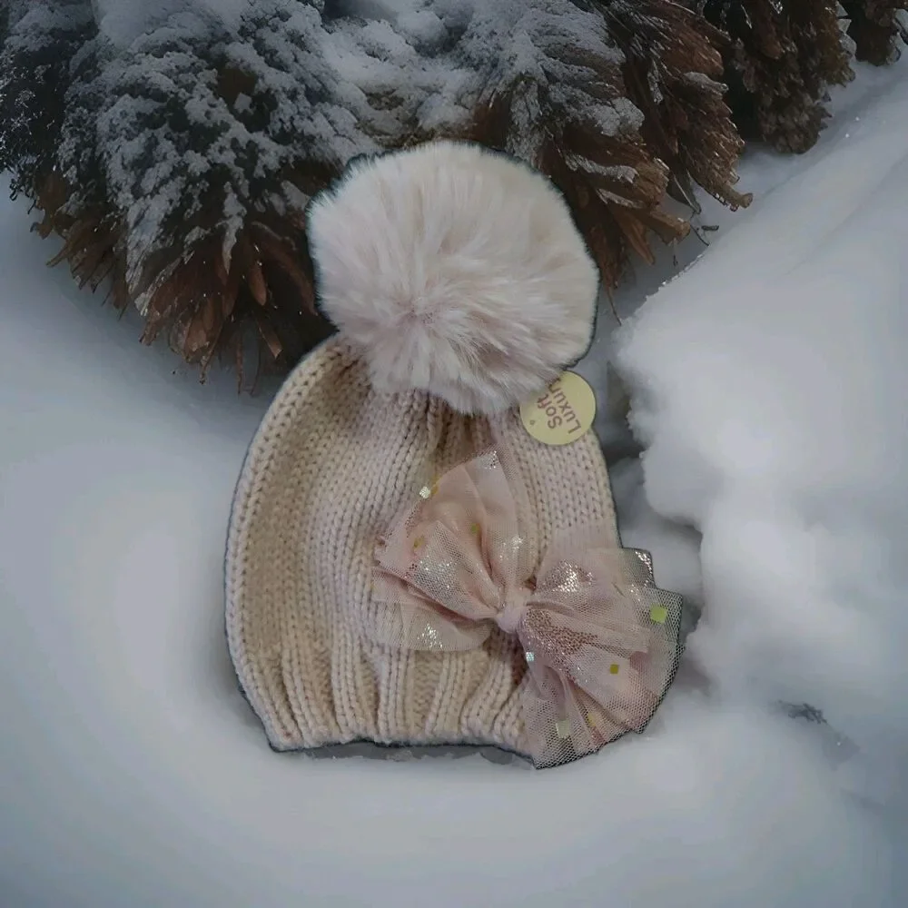 Toddler WINTER HAT, PINK, Metallic Bow,Faux Fur Puff, Winter , Toddler NEW